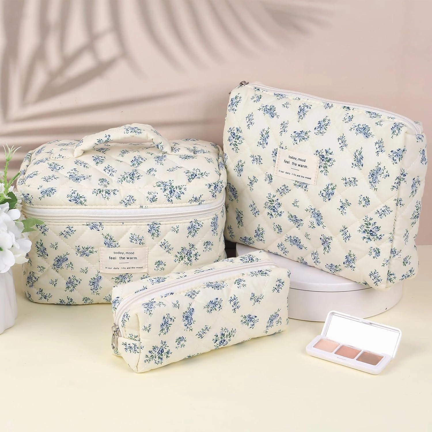 Large Quilted Makeup Bag for Women and Girls, Cute Coquette Floral Cotton Cosmetic Bag, Aesthetic Travel Organized Toiletry Bags (05-blue green flower)