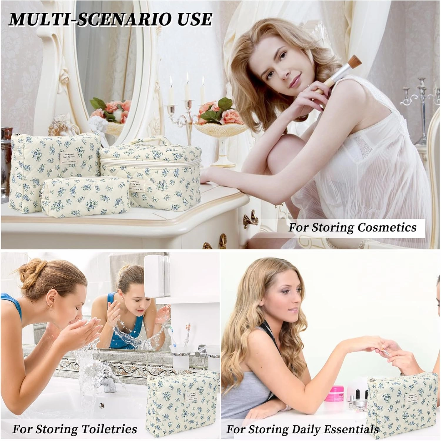 Large Quilted Makeup Bag for Women and Girls, Cute Coquette Floral Cotton Cosmetic Bag, Aesthetic Travel Organized Toiletry Bags (05-blue green flower)