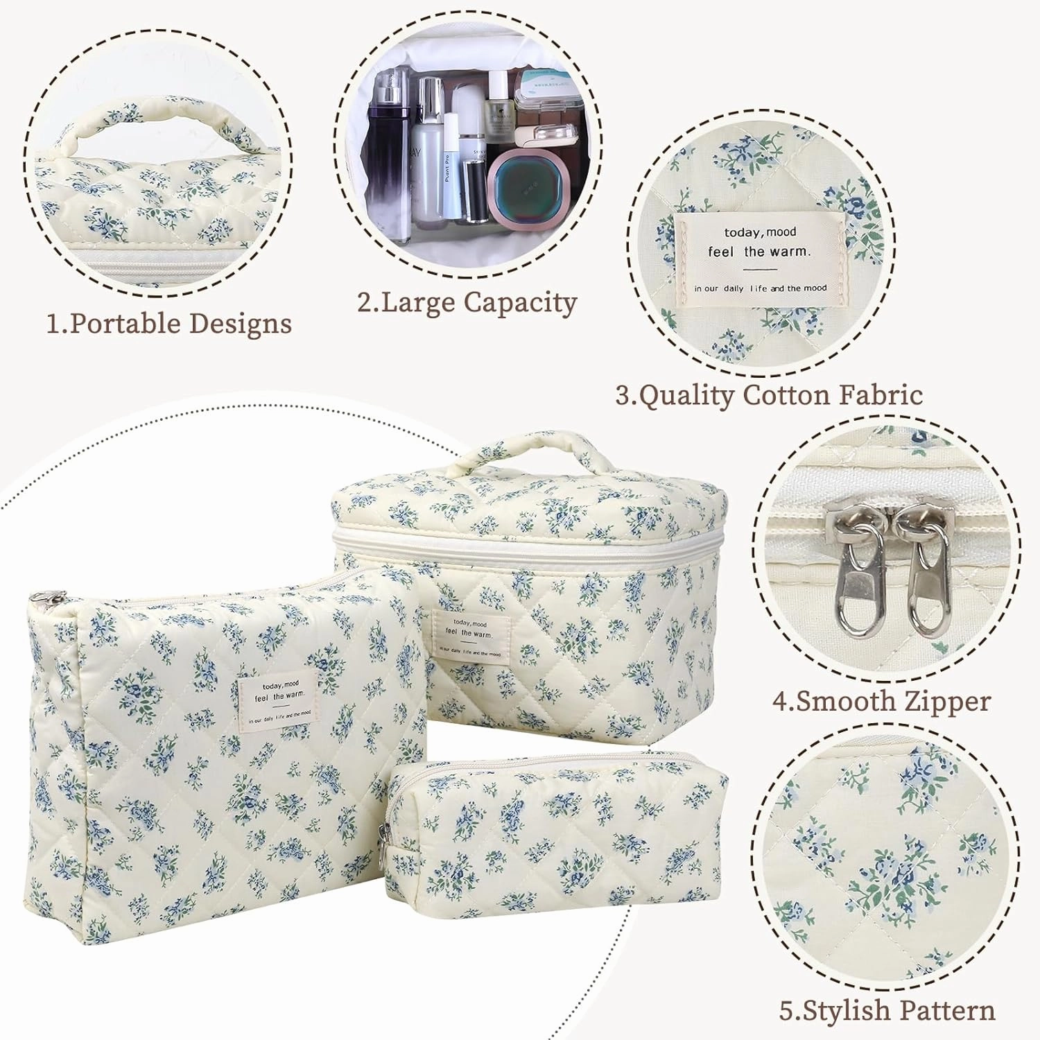 Large Quilted Makeup Bag for Women and Girls, Cute Coquette Floral Cotton Cosmetic Bag, Aesthetic Travel Organized Toiletry Bags (05-blue green flower)