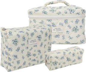 Large Quilted Makeup Bag for Women and Girls, Cute Coquette Floral Cotton Cosmetic Bag, Aesthetic Travel Organized Toiletry Bags (05-blue green flower)