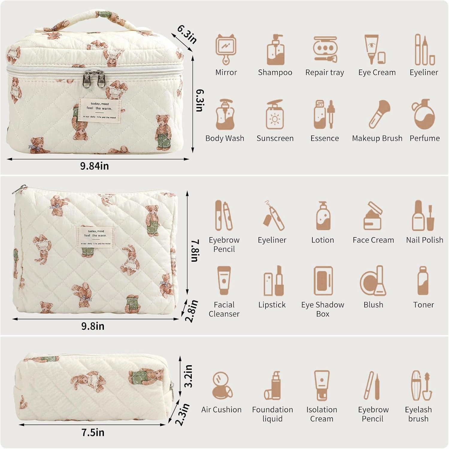 Large Quilted Makeup Bag for Women and Girls, Cute Coquette Floral Cotton Cosmetic Bag, Aesthetic Travel Organized Toiletry Bags (06-beige bears)