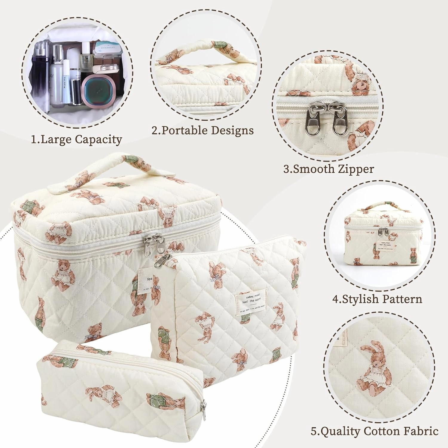 Large Quilted Makeup Bag for Women and Girls, Cute Coquette Floral Cotton Cosmetic Bag, Aesthetic Travel Organized Toiletry Bags (06-beige bears)