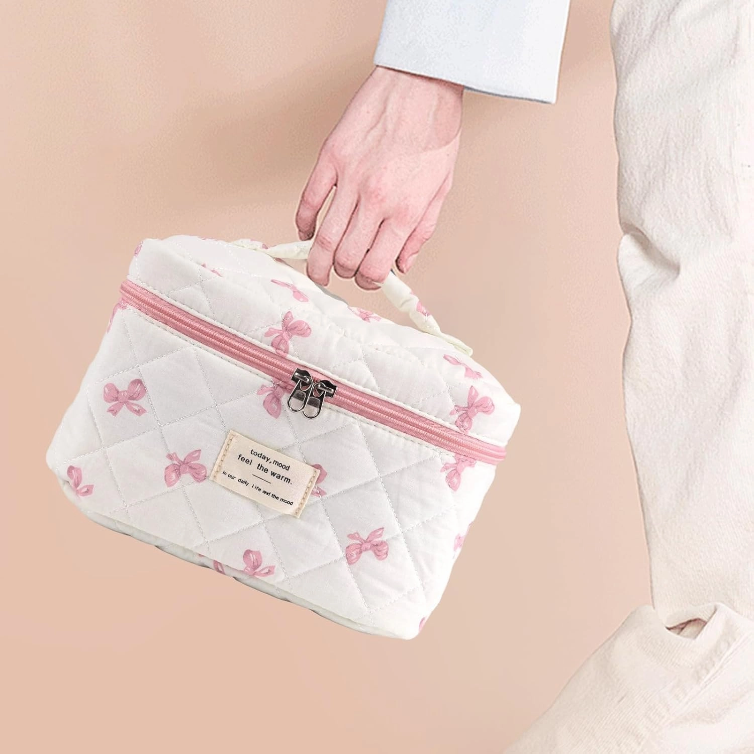 Large Quilted Makeup Bag for Women and Girls, Cute Coquette Floral Cotton Cosmetic Bag, Aesthetic Travel Organized Toiletry Bags (07-pink bows 02)