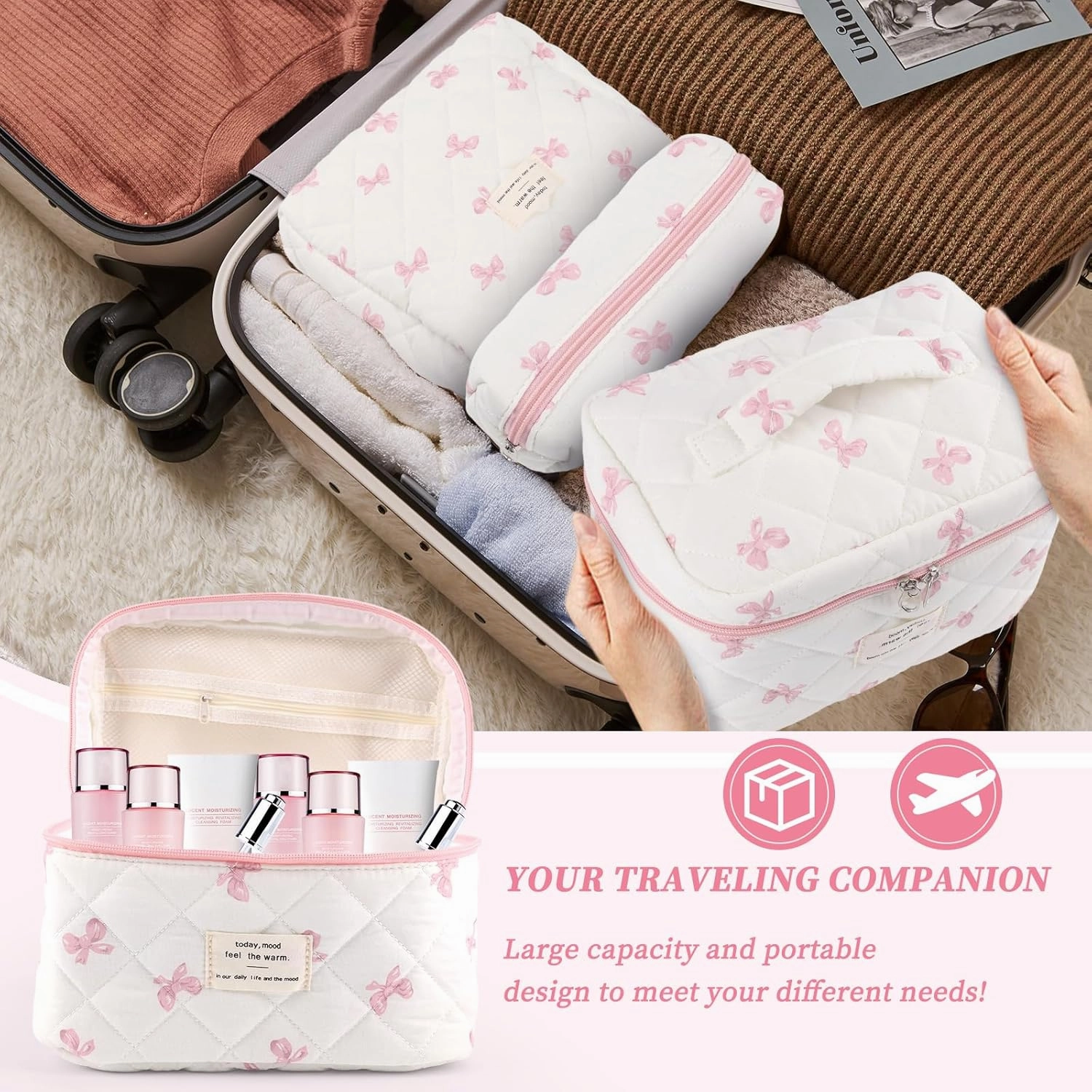 Large Quilted Makeup Bag for Women and Girls, Cute Coquette Floral Cotton Cosmetic Bag, Aesthetic Travel Organized Toiletry Bags (07-pink bows 02)