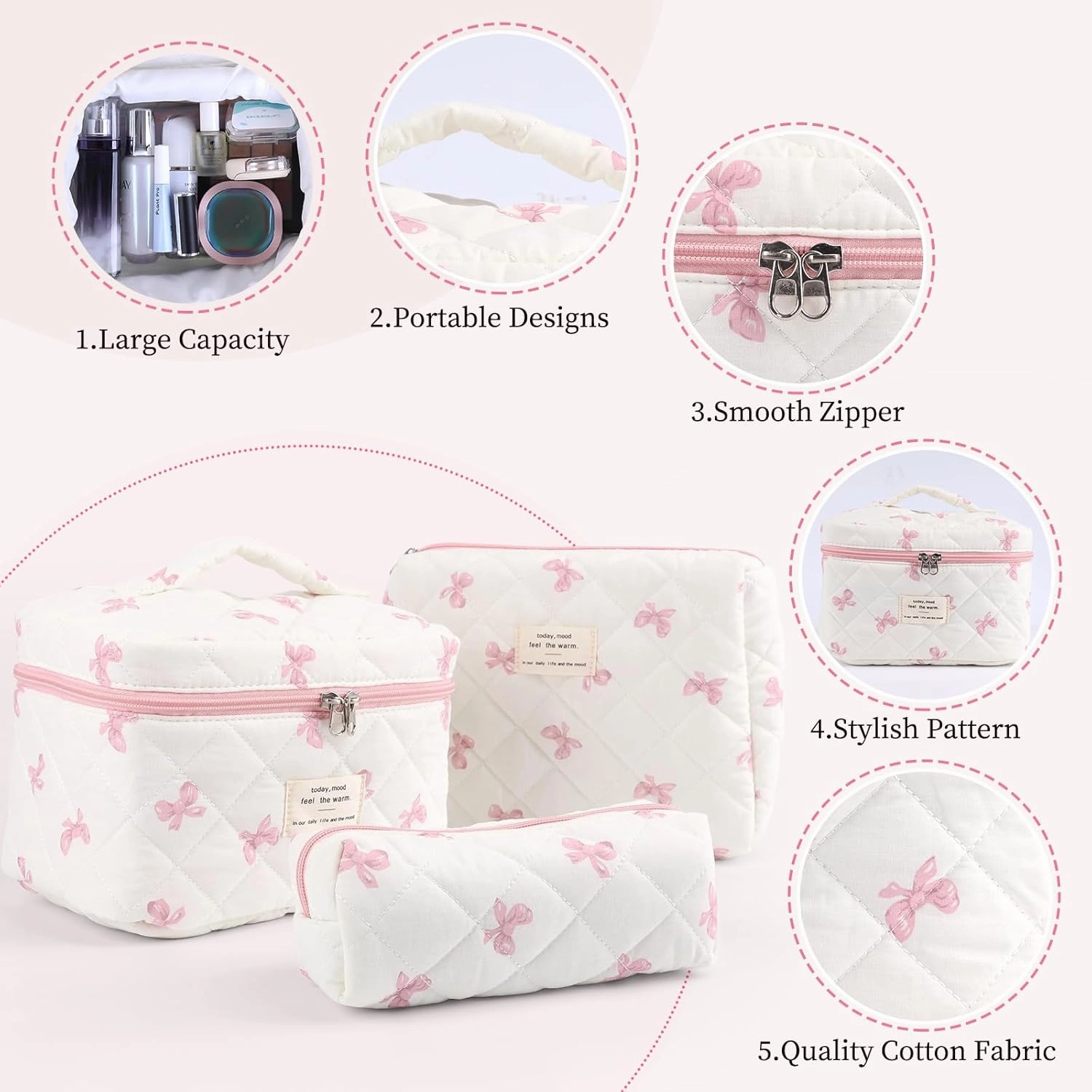 Large Quilted Makeup Bag for Women and Girls, Cute Coquette Floral Cotton Cosmetic Bag, Aesthetic Travel Organized Toiletry Bags (07-pink bows 02)