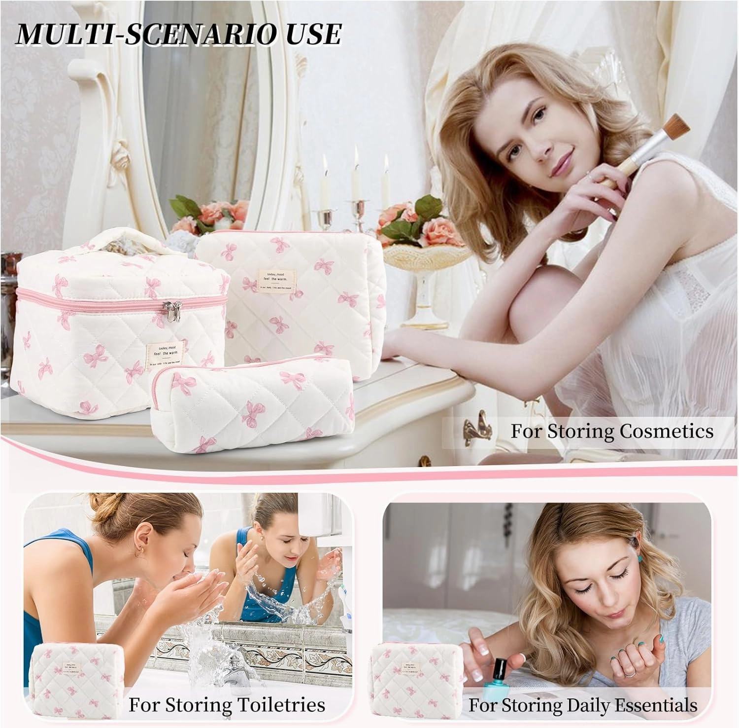 Large Quilted Makeup Bag for Women and Girls, Cute Coquette Floral Cotton Cosmetic Bag, Aesthetic Travel Organized Toiletry Bags (07-pink bows 02)
