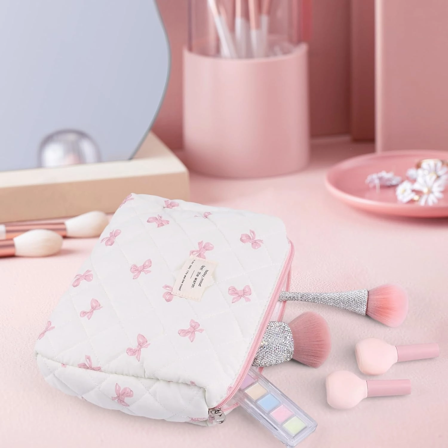 Large Quilted Makeup Bag for Women and Girls, Cute Coquette Floral Cotton Cosmetic Bag, Aesthetic Travel Organized Toiletry Bags (07-pink bows 02)