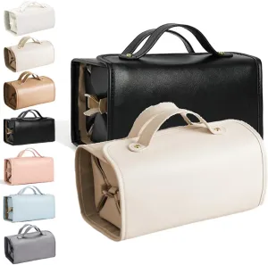 Leather Waterproof Cosmetic Bag, 4 In 1 Roll Up Makeup Bag With 4 Detachable Clear Compartment, Multi Compartment Large Capacity Toiletry Travel Bag (Apricot Black)