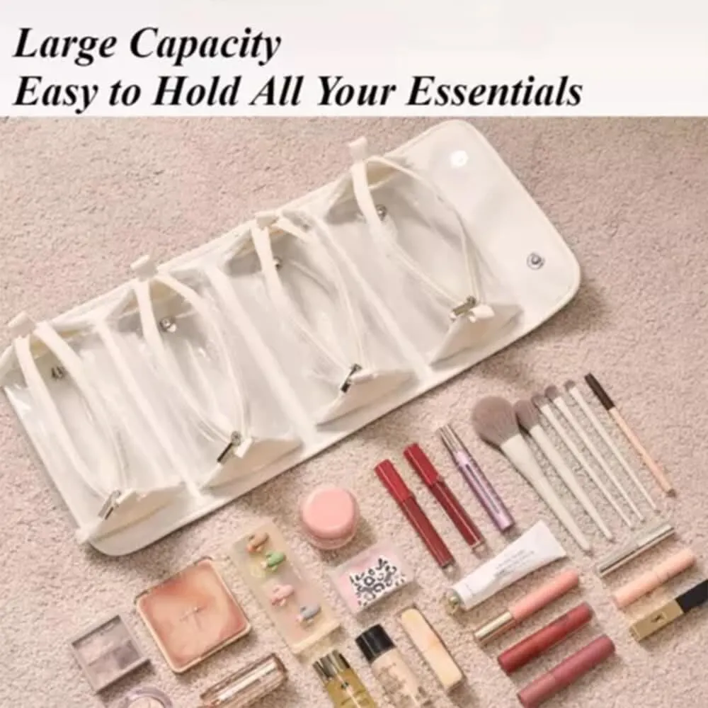 Leather Waterproof Cosmetic Bag, 4 In 1 Roll Up Makeup Bag With 4 Detachable Clear Compartment, Multi Compartment Large Capacity Toiletry Travel Bag (Apricot Gray)