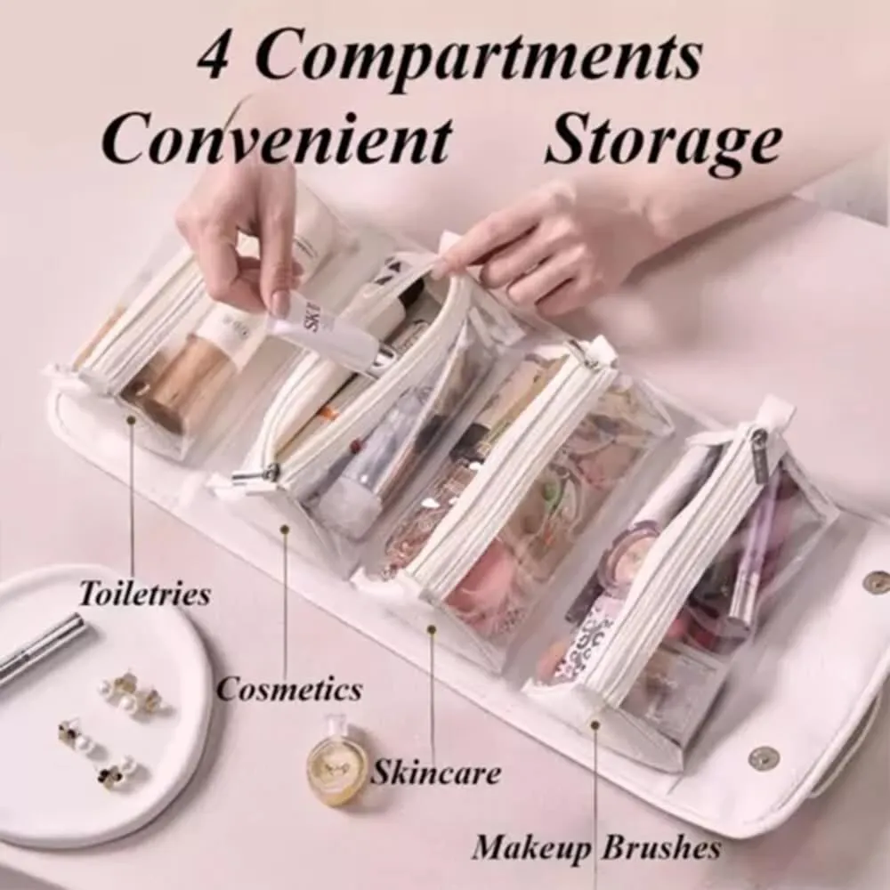 Leather Waterproof Cosmetic Bag, 4 In 1 Roll Up Makeup Bag With 4 Detachable Clear Compartment, Multi Compartment Large Capacity Toiletry Travel Bag (Apricot Gray)