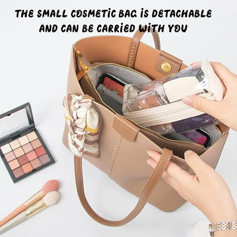 Leather Waterproof Cosmetic Bag, 4 In 1 Roll Up Makeup Bag With 4 Detachable Clear Compartment, Multi Compartment Large Capacity Toiletry Travel Bag (Apricot Gray)