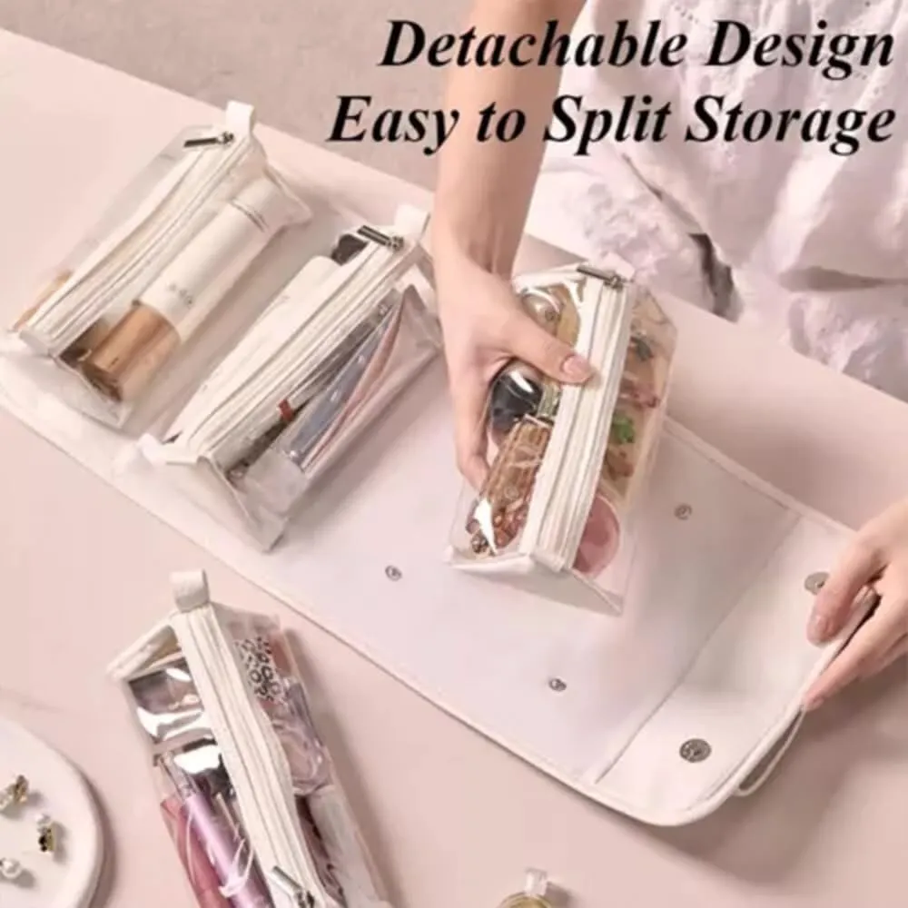 Leather Waterproof Cosmetic Bag, 4 In 1 Roll Up Makeup Bag With 4 Detachable Clear Compartment, Multi Compartment Large Capacity Toiletry Travel Bag (Apricot Gray)