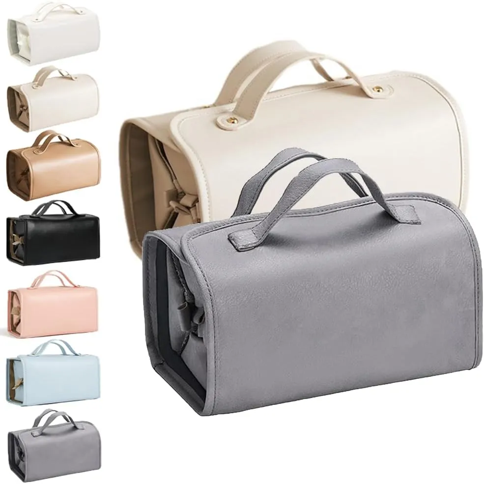 Leather Waterproof Cosmetic Bag, 4 In 1 Roll Up Makeup Bag With 4 Detachable Clear Compartment, Multi Compartment Large Capacity Toiletry Travel Bag (Apricot Gray)
