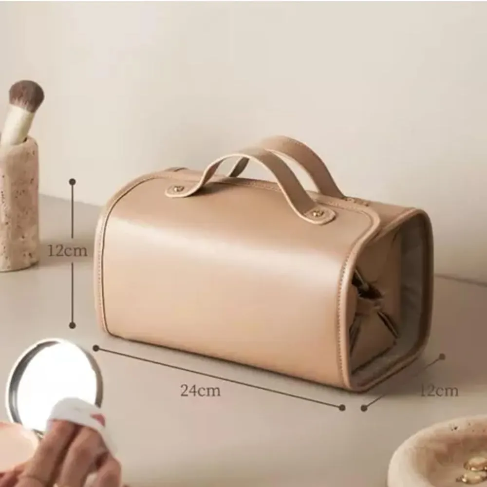 Leather Waterproof Cosmetic Bag, 4 In 1 Roll Up Makeup Bag With 4 Detachable Clear Compartment, Multi Compartment Large Capacity Toiletry Travel Bag (Apricot Gray)