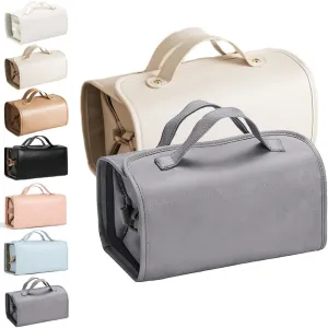 Leather Waterproof Cosmetic Bag, 4 In 1 Roll Up Makeup Bag With 4 Detachable Clear Compartment, Multi Compartment Large Capacity Toiletry Travel Bag (Apricot Gray)