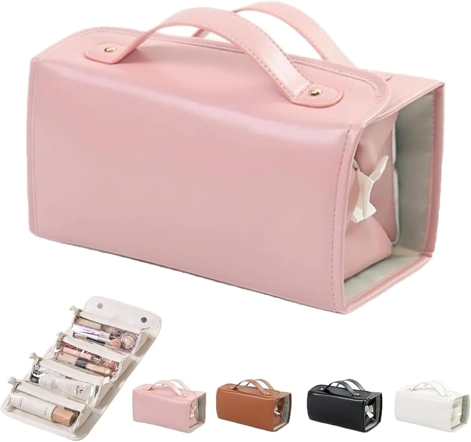 Leather Waterproof Cosmetic Bag Portable 4-in-1 Foldable Cosmetic Bag Large Capacity Travel Toiletry Bag Roll Up Toiletry Bag Independent Partition Removable