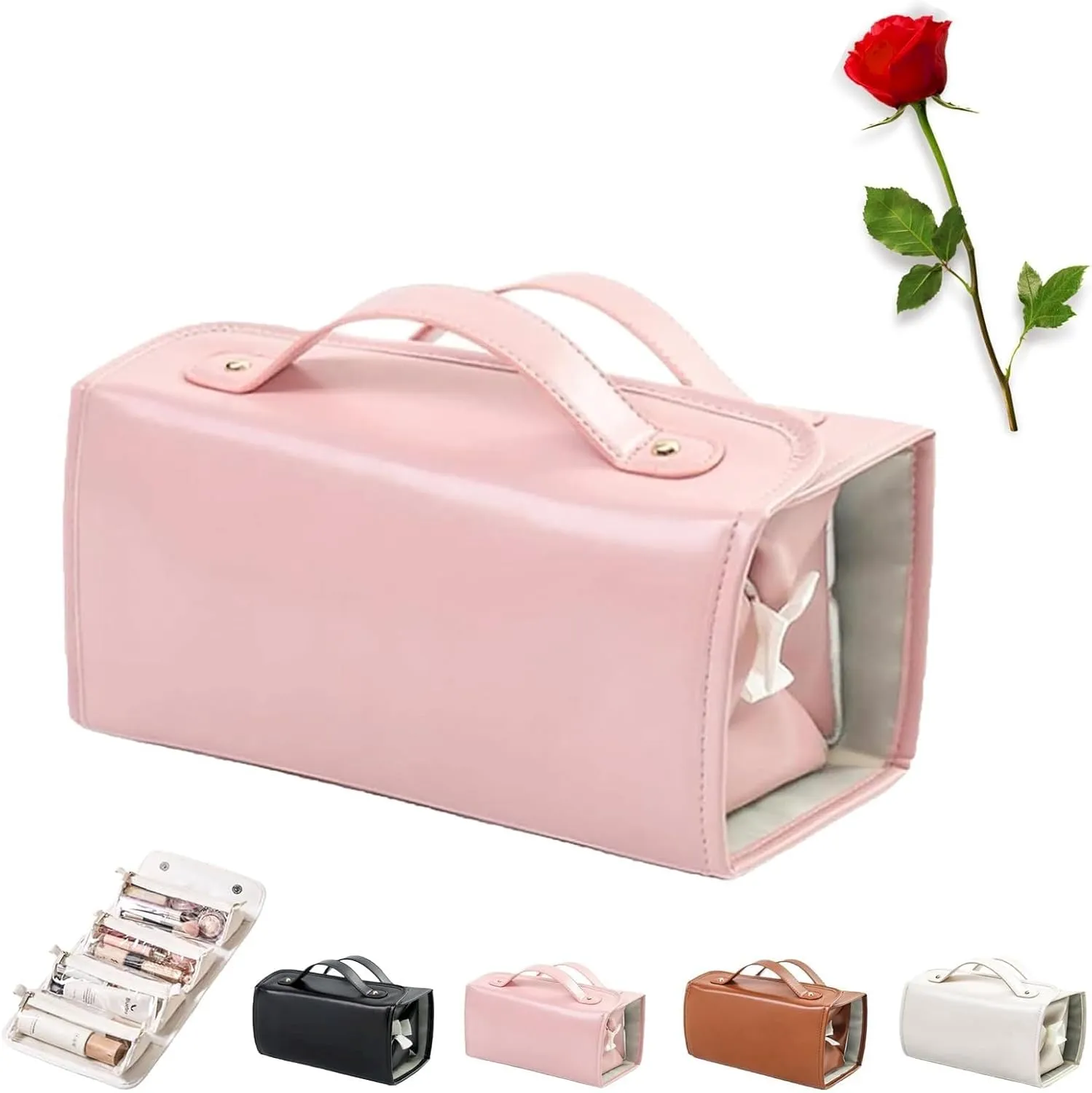 Leather Waterproof Cosmetic Bag Portable 4-in-1 Foldable Cosmetic Bag Large Capacity Travel Toiletry Bag Roll Up Toiletry Bag Independent Partition Removable