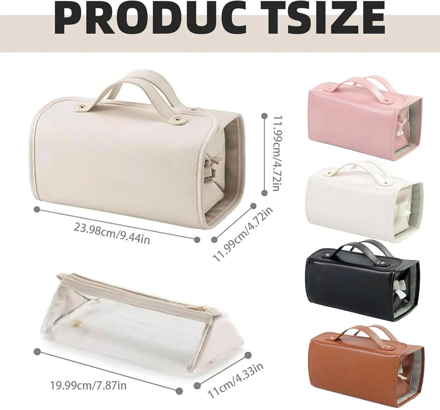 Leather Waterproof Cosmetic Bag Portable 4-in-1 Foldable Cosmetic Bag Large Capacity Travel Toiletry Bag Roll Up Toiletry Bag Independent Partition Removable
