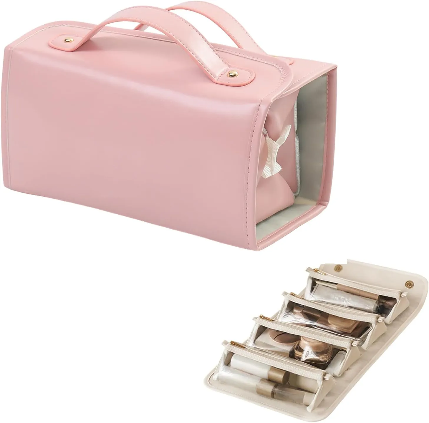 Leather Waterproof Cosmetic Bag, Travel Toiletry Bag 4 Detachable Clear Multi Compartment Hanging Makeup Bag Foldable Cosmetic Bag (Pink)