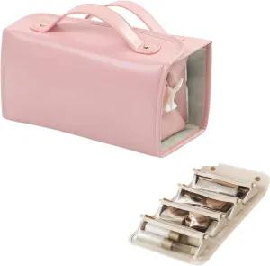 Leather Waterproof Cosmetic Bag, Travel Toiletry Bag 4 Detachable Clear Multi Compartment Hanging Makeup Bag Foldable Cosmetic Bag (Pink)