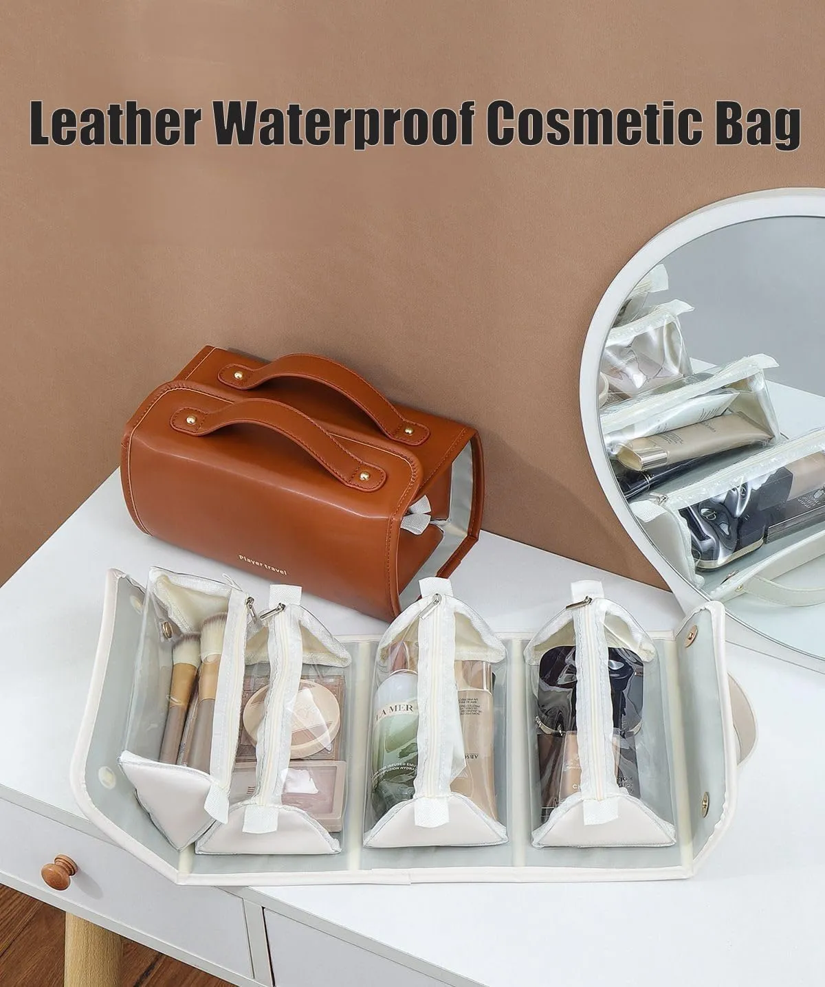 Leather Waterproof Cosmetic Bag, Travel Toiletry Bag 4 Detachable Clear Multi Compartment Hanging Makeup Bag Foldable Cosmetic Bag (Pink)