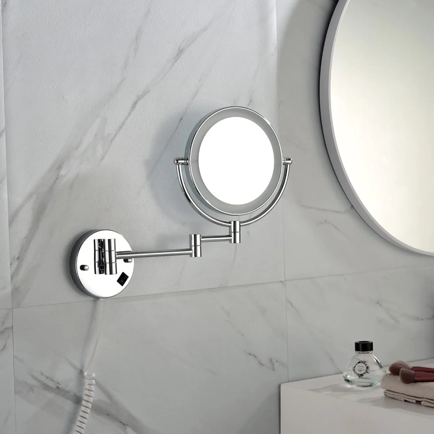LED Wall Mount Makeup Vanity Mirror, Wall Mounted Lighted Makeup Vanity Mirror, Rotation Shaving Mirror Bathroom Mirror,Makeup Mirrors Silver