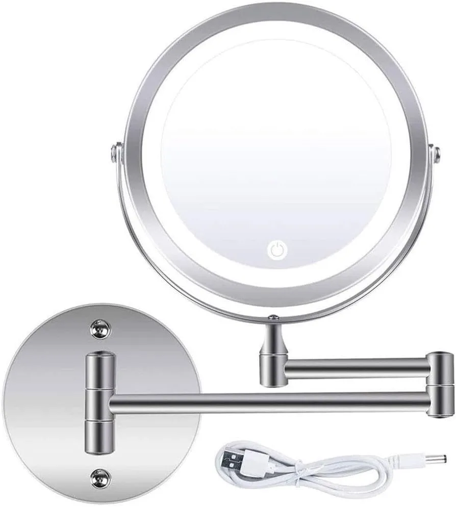 LED Wall-Mounted Makeup Mirror with 10X Magnification, 7" Double-Sided, 360° Swivel, Adjustable Light, USB/Battery-Powered, Chrome Finish