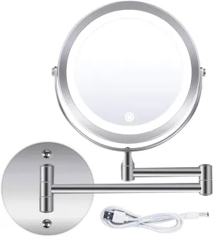 LED Wall-Mounted Makeup Mirror with 10X Magnification, 7" Double-Sided, 360° Swivel, Adjustable Light, USB/Battery-Powered, Chrome Finish