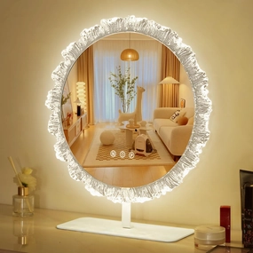 LED Lighted Makeup Mirror with Crystal Design Frame, Tabletop Vanity Mirror with Touch Control, White (18in)