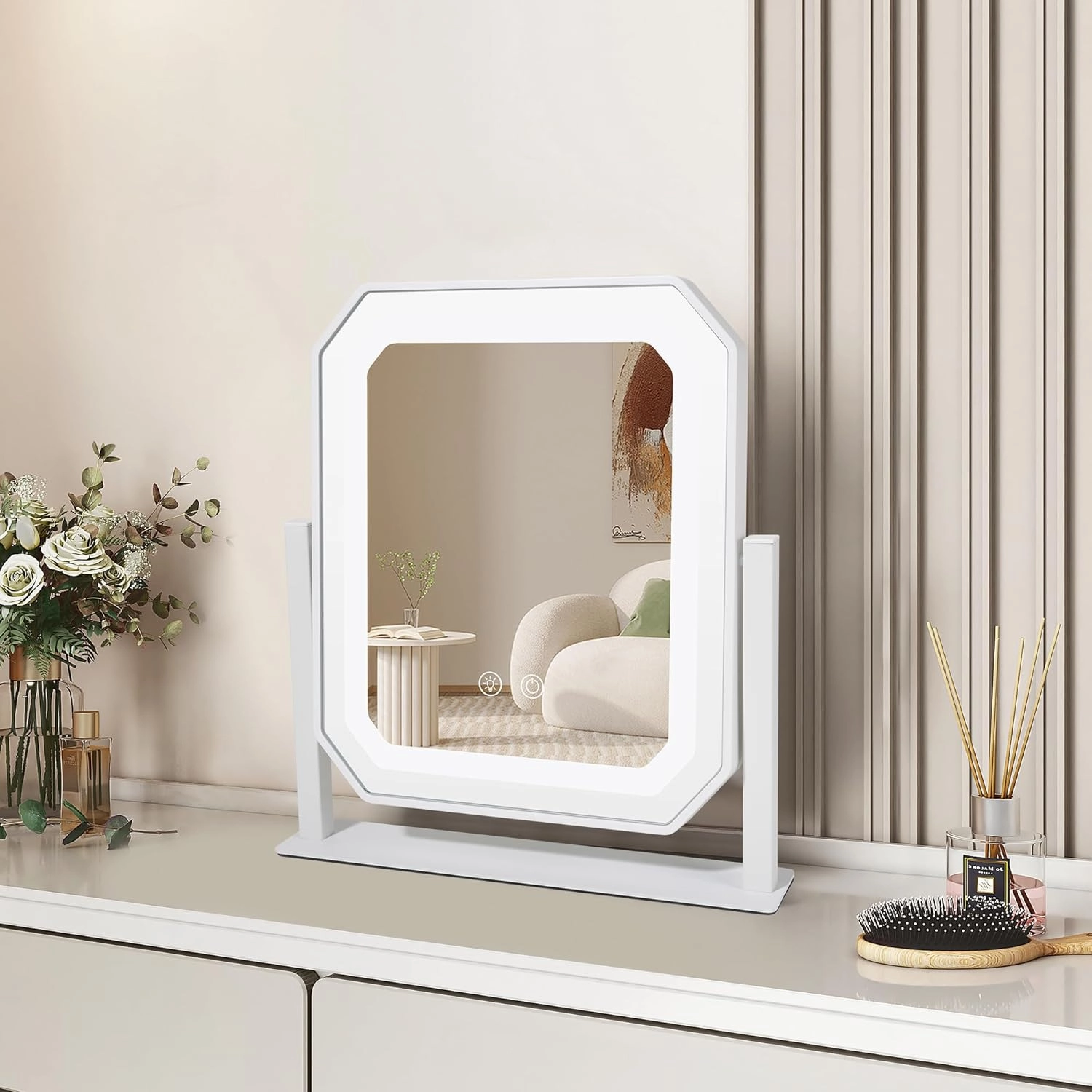 LED Rechargeable Makeup Mirror, 96 LEDs, 3 Color Modes, Adjustable Height, 360° Rotatable Stand, USB Rechargeable, 4-5 Hours Battery Life, Ideal for Travel, Desk, Dressing Room