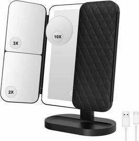 LED Trifold Makeup Mirror, Vanity Makeup Mirror with Lights, 2X 3X 10X Magnification, Adjustable Makeup Mirror with 70 LED Lights, Vanity Mirror with Type-C Charging