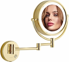 LED Wall Mounted Lighted Makeup Cosmetic Mirror, with Magnifying Mirror Double Sided, Bathroom Mirror, 8 Inch Makeup 360° Swivel Extension Vanity Mirror by USB (Gold 3X)