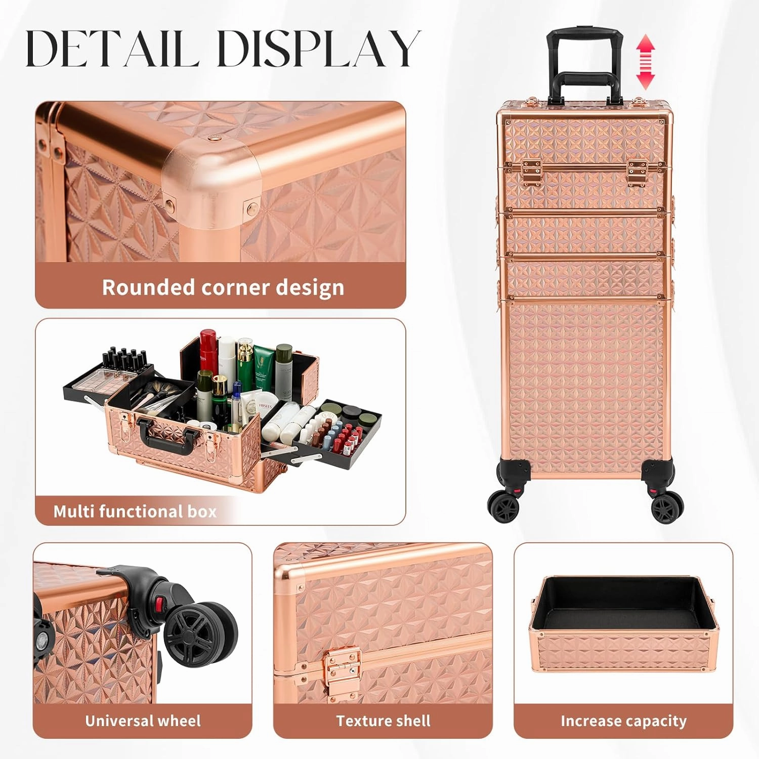 Leeora&Leekoo Portable Multi-Storey Nail Case - Wheels Makeup Case Organizer, Cosmetic Case, Make Up Case (Rose Gold)