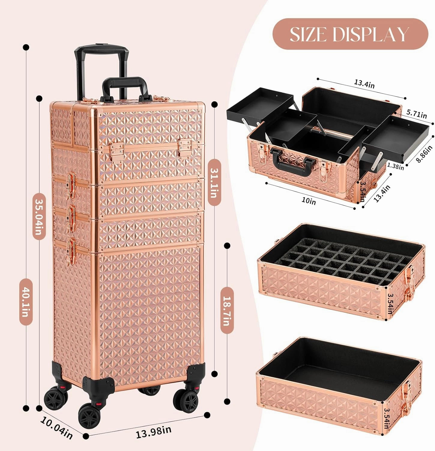 Leeora&Leekoo Portable Multi-Storey Nail Case - Wheels Makeup Case Organizer, Cosmetic Case, Make Up Case (Rose Gold)