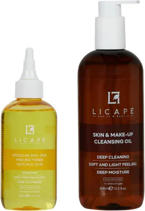 LICAPE® Skincare Duo – Glycolic Acid AHA-BHA Peeling Toner 200ml & Dual-Phase Makeup Remover Oil 400ml with Niacinamide, Chamomile & Horse Chestnut for Deep Cleansing, Oil Control