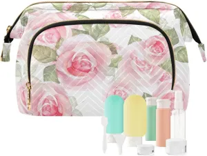 Light Pink Roses with Green Leaves on White Floral Seamless Pattern Women Cosmetic Bag Makeup Bag Stylish Trip Beauty Bag Travel Toiletry Bag with Bottle Organizer 10.2 x 5.9 x 6.7 inch