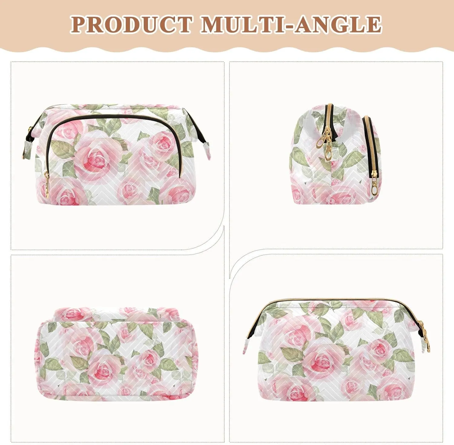 Light Pink Roses with Green Leaves on White Floral Seamless Pattern Women Cosmetic Bag Makeup Bag Stylish Trip Beauty Bag Travel Toiletry Bag with Bottle Organizer 10.2 x 5.9 x 6.7 inch