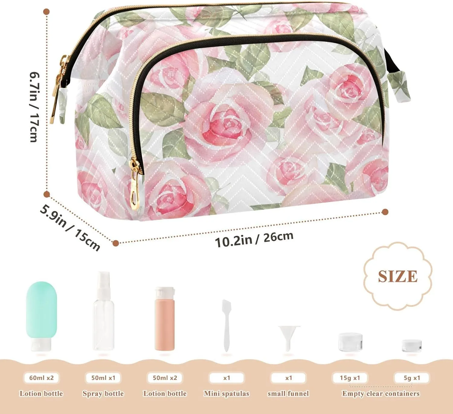 Light Pink Roses with Green Leaves on White Floral Seamless Pattern Women Cosmetic Bag Makeup Bag Stylish Trip Beauty Bag Travel Toiletry Bag with Bottle Organizer 10.2 x 5.9 x 6.7 inch