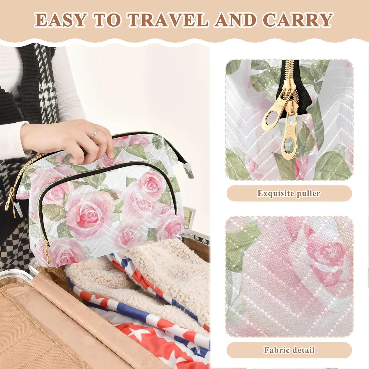 Light Pink Roses with Green Leaves on White Floral Seamless Pattern Women Cosmetic Bag Makeup Bag Stylish Trip Beauty Bag Travel Toiletry Bag with Bottle Organizer 10.2 x 5.9 x 6.7 inch