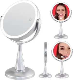 Lighted Makeup Mirror – 1X/3X Magnification, 360° Rotating Double-Sided Rechargeable Vanity Mirror with Touch Control LED, 6” Round Mirror for Bedroom or Gift