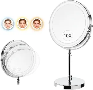 Lighted Makeup Mirror | 8" Rechargeable Double Sided 1x/10x Magnifying Mirror with Light | 3 Color Lights and Adjustable Brightness Vanity Mirror | 360°Rotation Detachable for Travel
