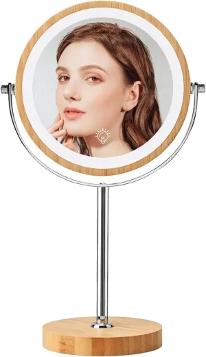 Lighted Makeup Mirror, Rechargeable 8" Bamboo Vanity Mirror, 1x/10x Magnifying Vanity Mirror with 3 Colors Dimmable Lightning, 360° Rotation Double Sided Cosmetic Light up Mirror