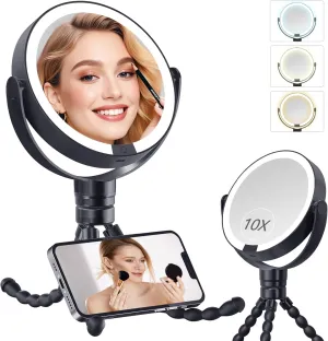 Lighted Makeup Mirror,10X Magnifying Mirror with 3 Colors & Adjustable Brightness, 360°Rotating Travel Vanity Mirror,Handheld/Hanging/Desktop Design,2- Sided Magnified Mirror for Women