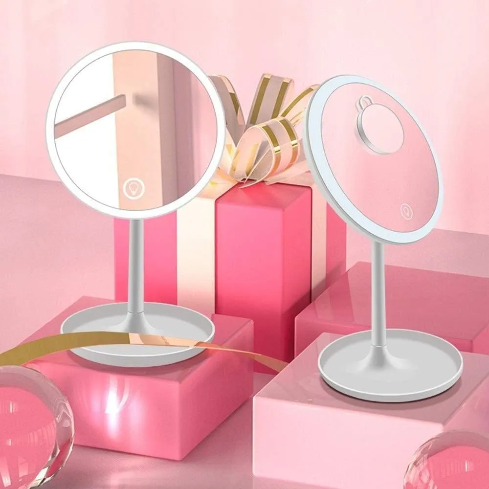 Lighted Mirror Countertop Desktop Lighted Makeup Mirror LED Smart Touch Screen Three-Color Fill Light with Light Vanity Mirror with 5 Times Magnifying Glass