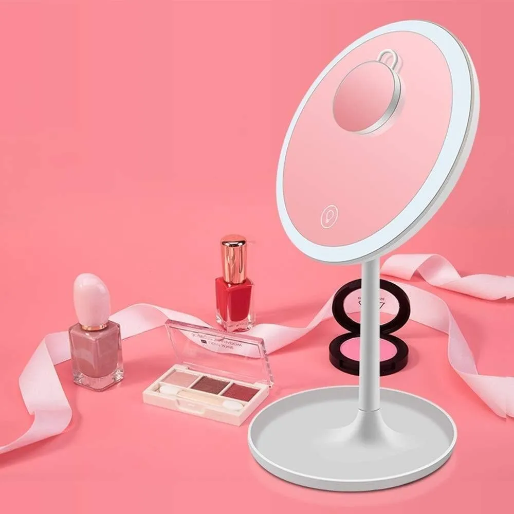 Lighted Mirror Countertop Desktop Lighted Makeup Mirror LED Smart Touch Screen Three-Color Fill Light with Light Vanity Mirror with 5 Times Magnifying Glass