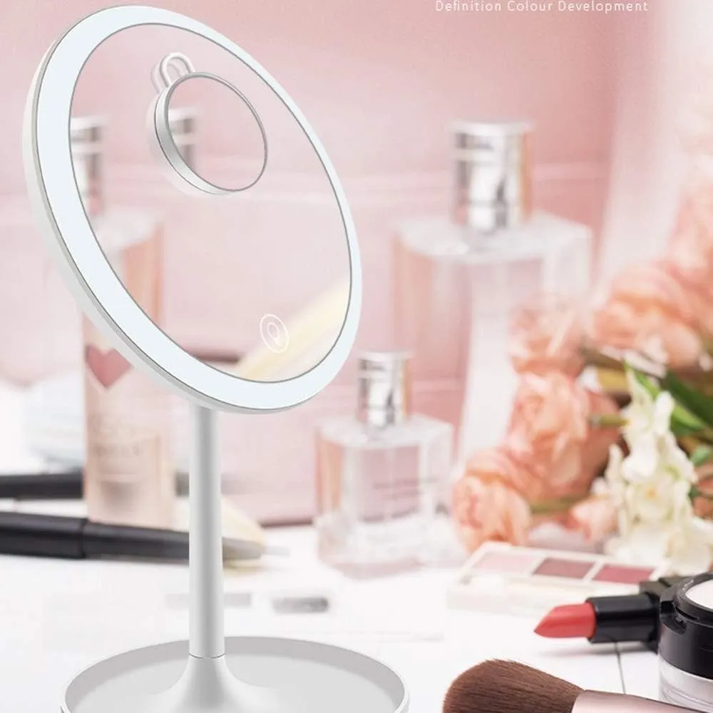 Lighted Mirror Countertop Desktop Lighted Makeup Mirror LED Smart Touch Screen Three-Color Fill Light with Light Vanity Mirror with 5 Times Magnifying Glass