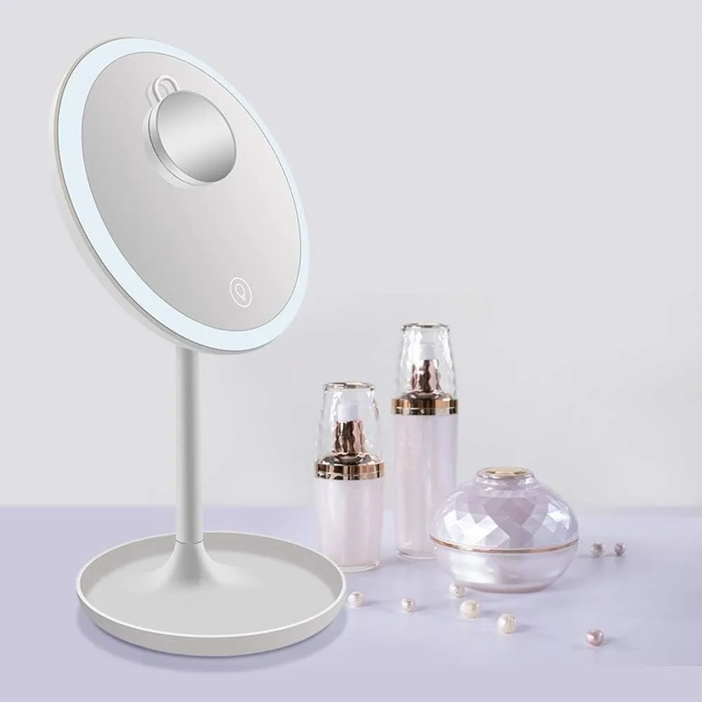 Lighted Mirror Countertop Desktop Lighted Makeup Mirror LED Smart Touch Screen Three-Color Fill Light with Light Vanity Mirror with 5 Times Magnifying Glass