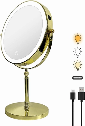 Lighted Makeup Mirror with Magnification, 8" Round 1X/10X Magnifying Mirror Swivel Touch Screen 3 Colors Dimmable, Type-C Rechargeable Vanity Mirror with Lights for Makeup Desk, Gold