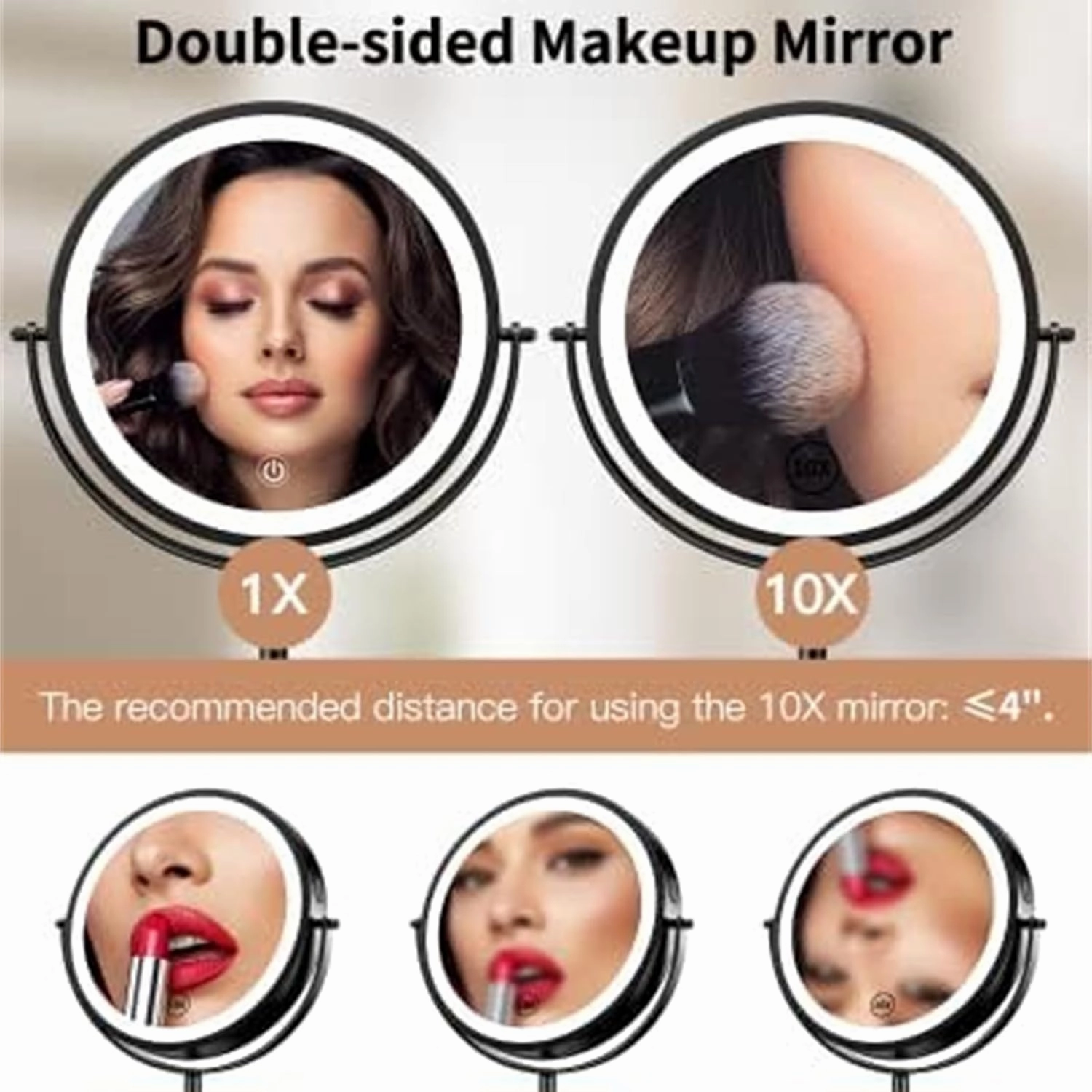 Lighted Standing Makeup Mirror, 1X/10X Magnifying Vanity Mirror with 3 Color Lights, Rechargeable Dimming Double Sided LED Tabletop Mirror,Chrome