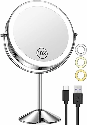 Lighted Standing Makeup Mirror, 1X/10X Magnifying Vanity Mirror with 3 Color Lights, Rechargeable Dimming Double Sided LED Tabletop Mirror,Chrome